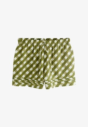Pantaloni scurți în carouri verde și alb cu talie elastică și șnur, pliați plat pe un fundal alb.
