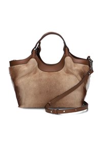 Borsa a mano in pelle marrone con una morbida texture simile alla pelliccia, cima arrotondata, manici corti e una tracolla removibile.