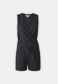 Combinaison noire sans manches avec corsage à encolure en V et effet cache-cœur, cordon de serrage ajustable à la taille, et shorts coupés sur mesure sur un fond blanc uni.