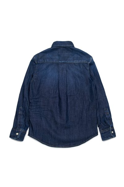 Denim särk, tumesinine, pikad varrukad nuppude mansettidega, selja õmblus koos voldikutega, sirge äär ja nähtavad õmbluse detailid.