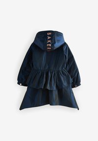 Marineblaue wasserdichte Jacke mit Kapuze, gerafftem Peplum-Taille und pinkem "BAKER"-Text. Glattes, glänzendes Material mit elastischen Bündchen.