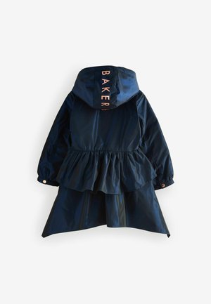 Navy blue waterproof jacket with a hood, ruffled peplum waist, and "BAKER" text in pink. Smooth, shiny material with elastic cuffs.