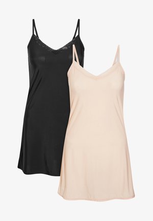 Due top in cotone: uno nero con un bordo in pizzo sul colletto, l'altro nudo; entrambi hanno spalline sottili regolabili e una texture morbida e liscia.