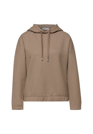 Beige doorgestikte hoodie met lange mouwen, verstelbare trekkoorden en een losse pasvorm, afgebeeld op een witte achtergrond.
