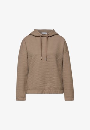 Sudadera con capucha beige acolchada, con mangas largas, cordones ajustables y un corte holgado, mostrada sobre un fondo blanco.