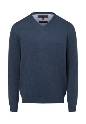 Navy blue v-neck sweater made from soft cotton blend. Long sleeves, ribbed cuffs and hem, featuring a subtle texture with no visible patterns.