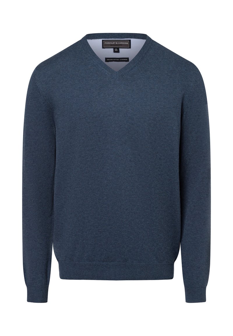 Marineblaues V-Ausschnitt-Pullover aus weichem Baumwollmix. Lange Ärmel, gerippte Bündchen und Saum, mit einer subtilen Textur ohne sichtbare Muster.