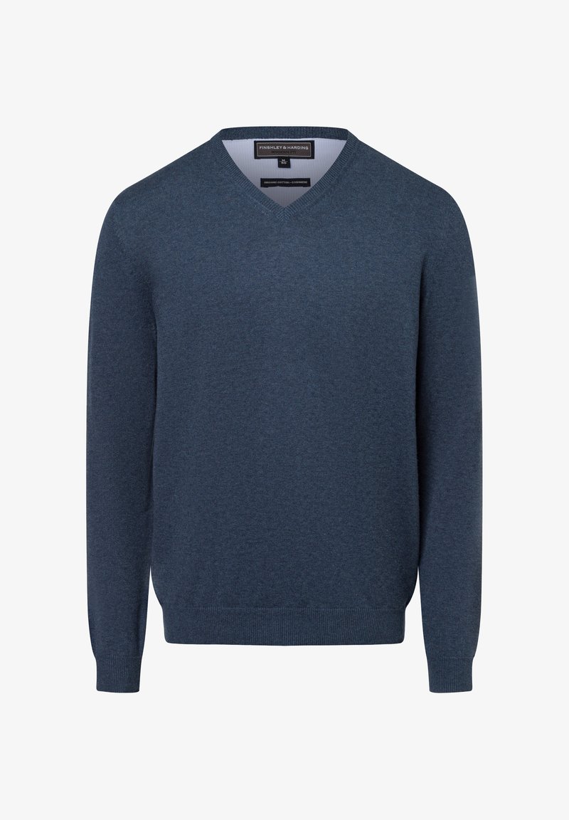 Marineblaues V-Ausschnitt-Pullover aus weichem Baumwollmix. Lange Ärmel, gerippte Bündchen und Saum, mit einer subtilen Textur ohne sichtbare Muster.