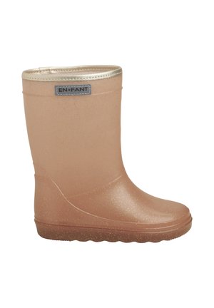 Lysebrun børnerubberregnstøvle med guldglimmer, beige øverste kant og en grå label med sort tekst EN*FANT.