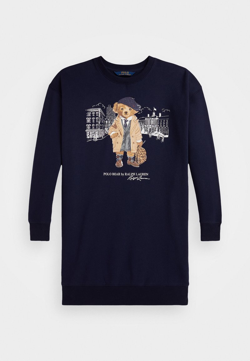 Vestido sudadera azul marino con una ilustración impresa de un oso con un abrigo beige, con mangas largas y puños acanalados.