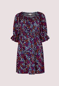 Blumenmusterkleid mit einem navy Hintergrund und mehrfarbigen Mustern. Elastischer Ausschnitt und geraffte Ärmel für eine strukturierte Optik.