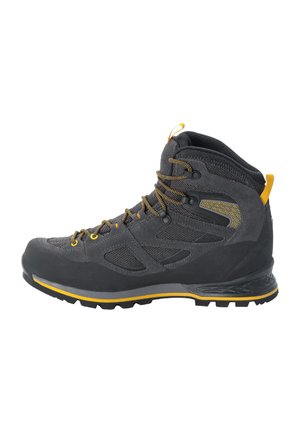 Graue Wanderschuhe mit gelben Akzenten, aus Wildleder und Mesh-Material, mittelhoher Schnitt, Gummisohle mit Traktion und Metall-Schnellschnürsenkeln.