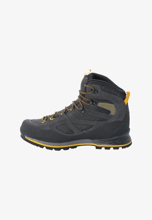 Graue Wanderschuhe mit gelben Akzenten, aus Wildleder und Mesh-Material, mittelhoher Schnitt, Gummisohle mit Traktion und Metall-Schnellschnürsenkeln.