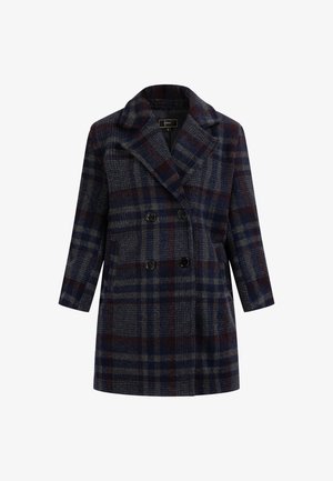 Kaksirinnaline mantel mereväe, burgundi ja halli ruudulises mustris. Valmistatud tekstuurilisest kangast, laiad kraed ja kaks eesmist taskut.