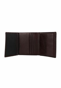 Portafoglio in pelle marrone con più scomparti per carte, texture liscia e una sezione in tessuto nero. Design aperto che mostra chiaramente le caratteristiche interne.