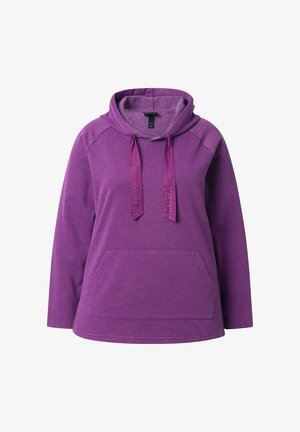 Lilla hætte sweatshirt med et blødt, fleece-fôret indvendigt, der har en frontlomme, justerbare snoretræk og dekorative detaljer.