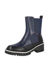 Botas de tobillo de color azul marino con un upper de cuero liso y paneles laterales elásticos, que cuentan con una suela gruesa negra con un borde blanco y detalles del logo.