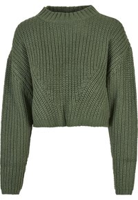 Pull court en grosse maille vert olive avec manches longues, col rond côtelé et ourlet côtelé.