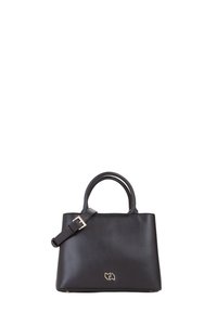 Borsa a tracolla in pelle nera con due manici arrotondati, tracolla regolabile, accessori in tonalità oro e logo impresso sul davanti.