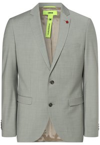 Hellgraue Anzugjacke mit dezentem karierten Muster. Verfügt über schwarze Knöpfe, Taschendetails und leuchtend grüne sowie rote Etiketten im Inneren.