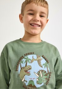 Grøn sweatshirt med et cirkulært dinosaurmotiv, der inkluderer træer og en vulkan. Teksten siger "Dinosaurernes Familie" og "Rawr!" i brun.