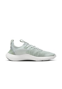 Light green athletic shoes with a textured upper, smooth accents, and a white midsole. Features laces and a pull tab at the heel.