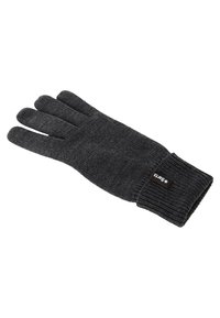 Guante de punto gris oscuro con cinco dedos, puño acanalado en la muñeca y una etiqueta de marca en la muñeca para identificación. Tejido texturizado para proporcionar calor.