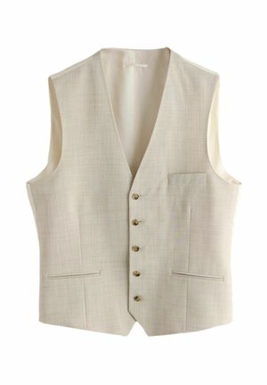 Beige men's tailored vest with five buttons, two lower welt pockets, one chest welt pocket, and a V-neck collar, displayed flat.
