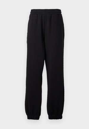 Black sweatpants made from soft fabric, featuring an elastic waistband and elastic cuffs at the ankles, no visible patterns or pockets.