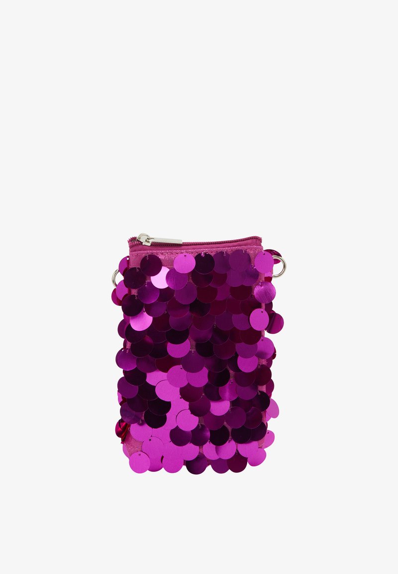 Fuchsiová taška pokrytá lesklými, kruhovými flitrami, s uzáverom na zips a malými kovovými doplnkami. Kompaktný a textúrovaný dizajn.