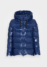 Navy blue glossy quilted puffer jacket with hood, black drawstrings, and front zipper, designed for cold weather.