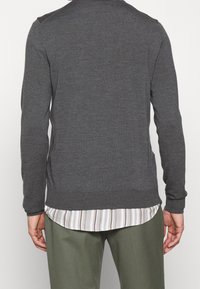 Grijze trui met lange mouwen en geribbelde manchetten en zoom, gelaagd over een gestreept shirt in wit en beige, gedragen met olijfgroene broek.