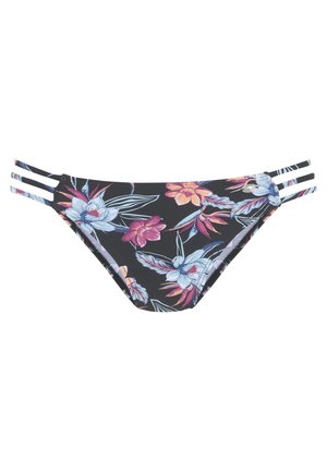 Bikini-Höschen aus schwarzem Stoff mit buntem Blumenmuster. Verfügt über drei dünne Träger auf jeder Seite. Glatte Textur, eng anliegendes Design.