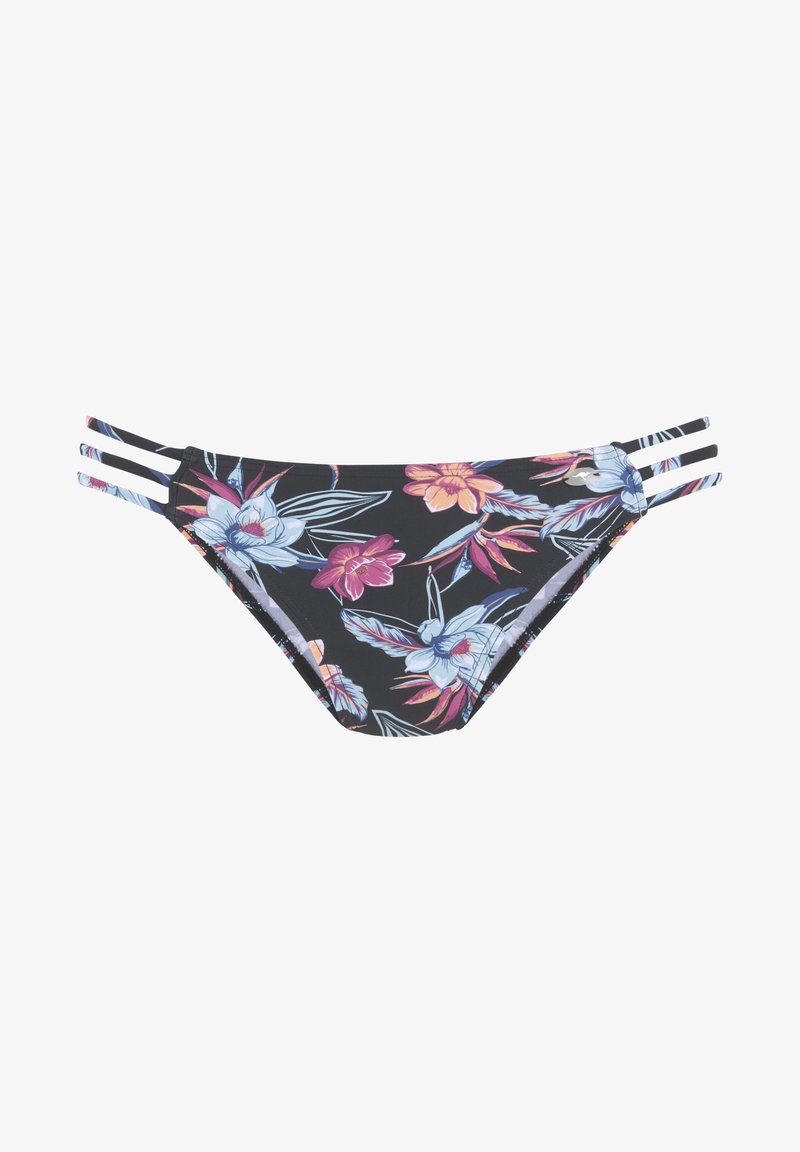 Schwarzer Bikinihosen mit pinkem, lila und blauem tropischen Blumenmuster und dreifachen dünnen Seitenriemen an jeder Hüfte.