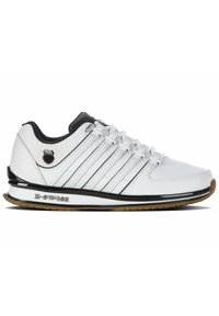 White athletic shoe with leather upper, black accents, and distinctive striped design. Features a rubber sole and K-Swiss logo.