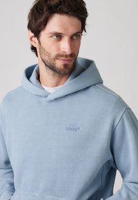 Lyseblå hettegenser laget av mykt stoff, med kengurulomme og diskret brodert logo på brystet. Hetten kan justeres.