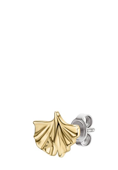 Boucles d'oreilles puces en forme de feuille de ginkgo en métal doré, avec des détails texturés, associées à un support et un tige en métal argenté pour un port sécurisé.