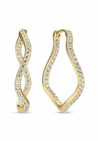 Orecchini d'oro con un design intrecciato, abbelliti da strass trasparenti lungo un bordo, che mostrano una finitura elegante e lucida.