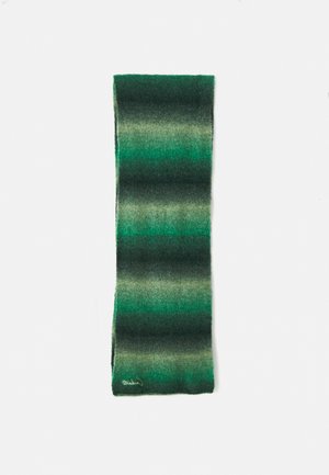 Sciarpa a gradiente verde con una morbida trama lavorata a maglia e diverse sfumature che vanno dal verde scuro al verde chiaro, con una leggera lucentezza e senza hardware visibile.