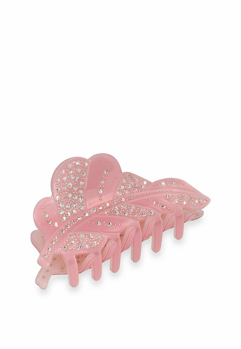 Pince à cheveux en plastique rose avec un motif de feuille, ornée de strass transparents, dotée de dix griffes pour un maintien sûr des cheveux.