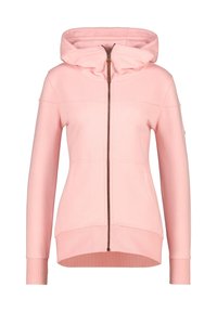 Felpa rosa con zip, colletto alto, tasche frontali e maniche lunghe, mostrata su uno sfondo bianco.