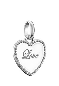 Silberner Herzanhänger mit einer Perlenkante, in der Mitte graviert mit dem Wort "Liebe". Glatte Oberfläche mit poliertem Finish.