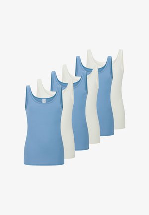 Ensemble de six débardeurs en coton doux, comprenant trois bleu clair et trois blancs. Chacun a un col rond et des bretelles.