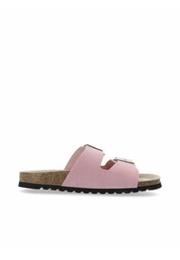 Sandali infradito in finta suede rosa con due cinturini con fibbia, soletta in sughero, suola in gomma nera testurizzata e design open-toe.