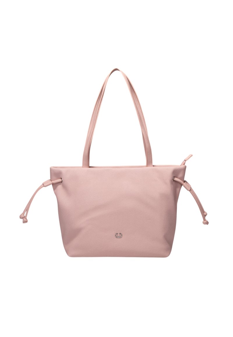 Borsa a tracolla rosa con una texture morbida e liscia, dotata di accenti regolabili con cordoncino e due spallacci robusti.