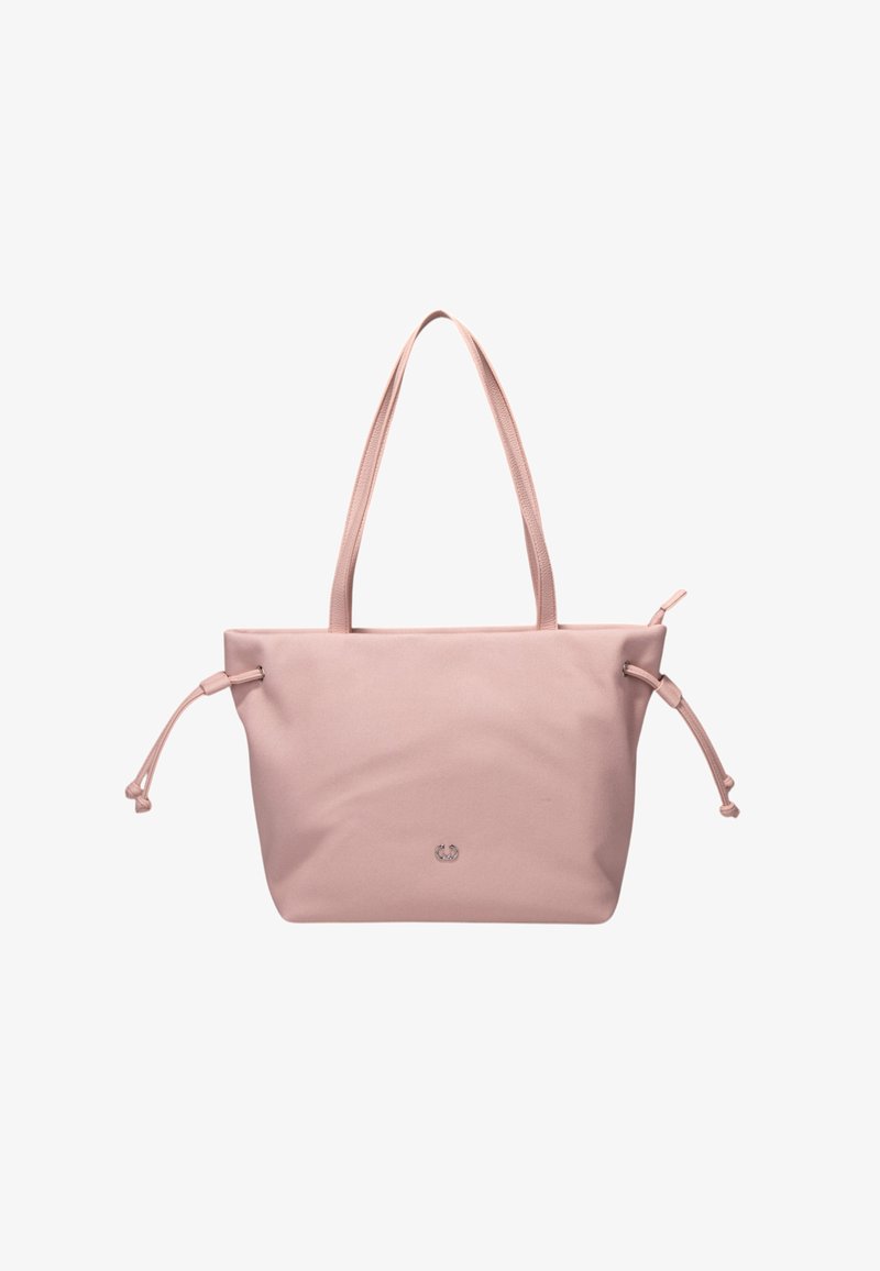 Pink tote bag med en blød, glat tekstur, der har justerbare snore og to solide skulderremme.