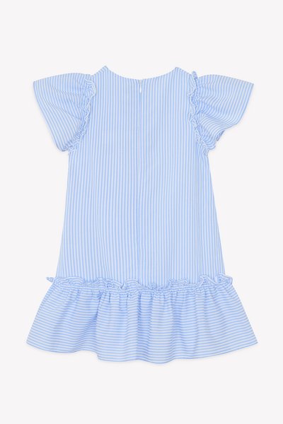 Φόρεμα ανοιχτού μπλε με ρίγες, κοντά βολάν στα μανίκια, κλείσιμο με φερμουάρ στο πίσω μέρος και φαρδιά βολάν στο τελείωμα κάτω.