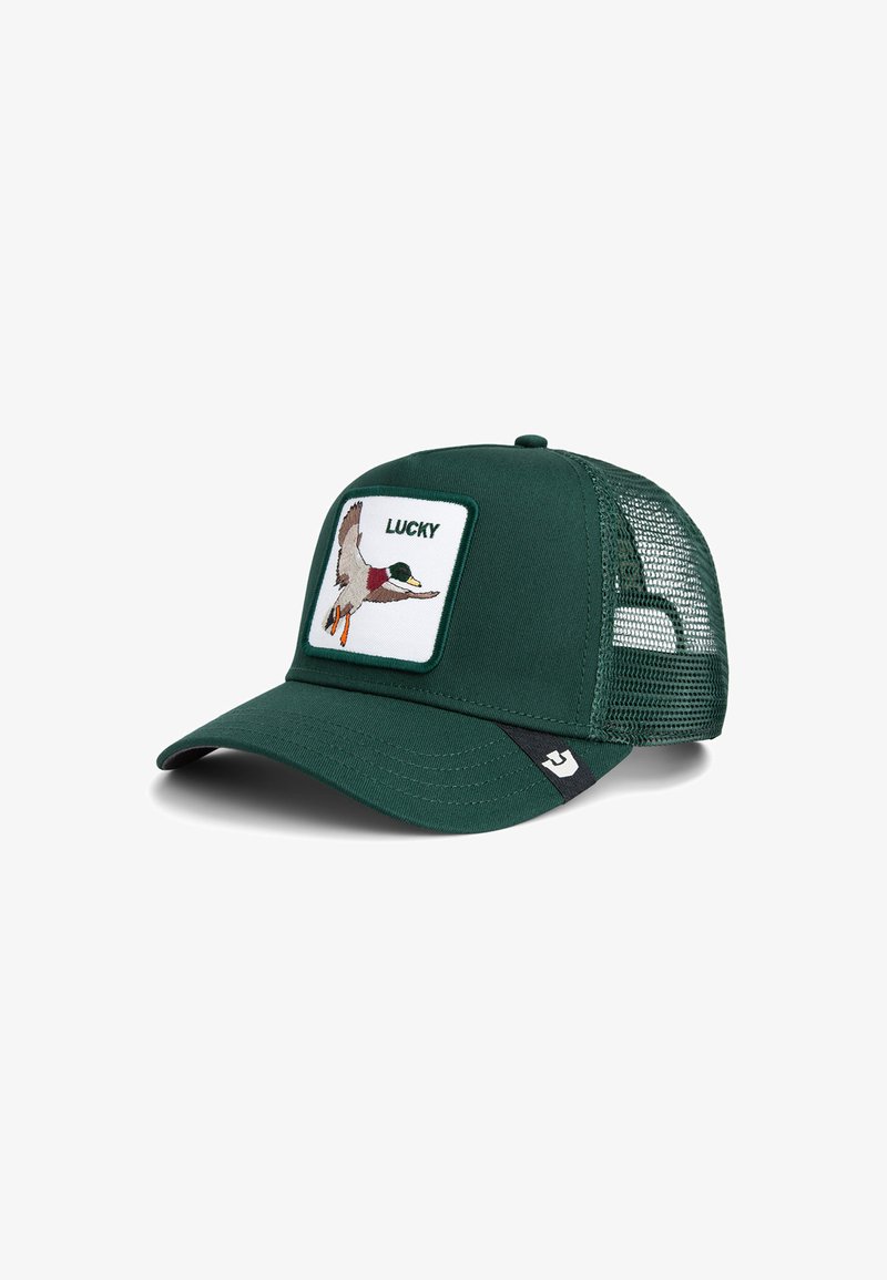 Green baseball cap with mesh back, featuring an embroidered duck on a front patch labeled "LUCKY" in a white rectangular border.