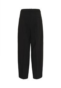 Pantaloni neri con una texture liscia, caratterizzati da una vita alta, due tasche posteriori e una vestibilità su misura con pieghe sottili.