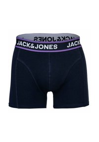 Boxer shorts bleu marine en coton avec une ceinture douce portant "JACK & JONES" en lettres noires et violettes.